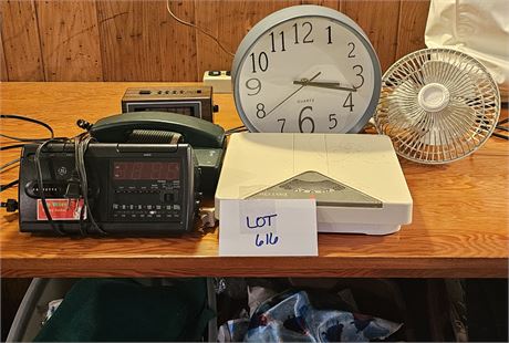 Mixed Lot: Wall Clock, Clock Radio, Scale & More