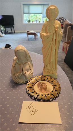 Saint Jude Plastic Statuette, Madonna Bust Planter, & English Metal Butterfly Fr