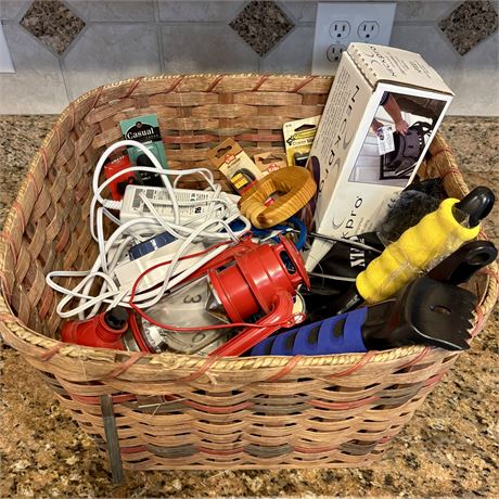 Woven Basket w/ Assorted Household Needs - Heating Pad, Wall Clocks & More