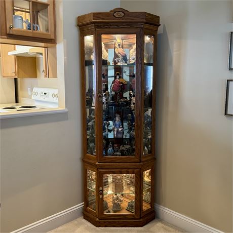 Oak Corner Curio Display Lighted Cabinet - Approx. 84"H