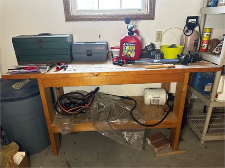 Wooden Work Bench and Contents