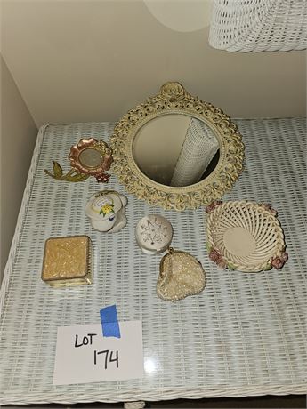 Mixed Decor Lot:Avon/Silver Plated Trinket Box/Beaded Change Bag/Mirror & More