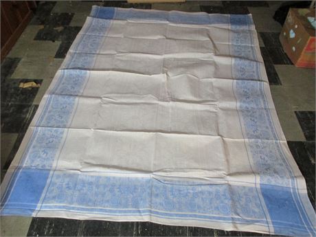 Vintage MCM Blue White Heavy Cotton 80" X 60" Table Cloth