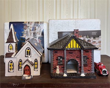 Vintage Yuletide Village Ceramic Fire Station and Butter Church Buildings