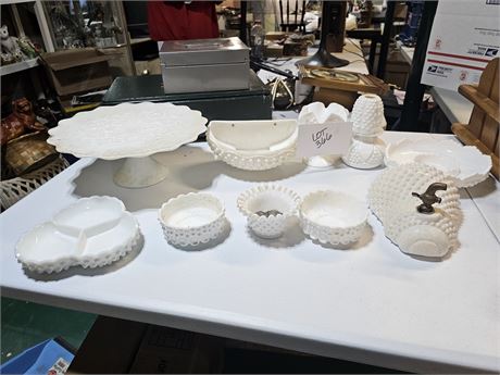 White Milkglass Lot: Fenton/Spanish Lace / Hobnail & More + Indian Arrowheads