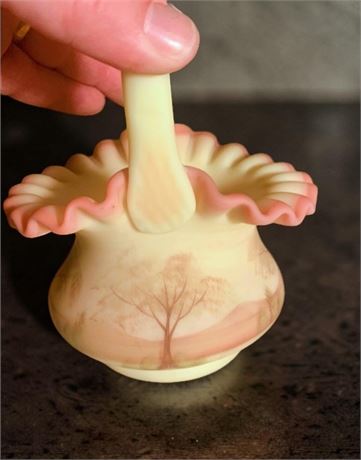 Fenton Burmese Satin Glass Basket W/Peace Crest Ruffled Rim & Painted Tree Scene