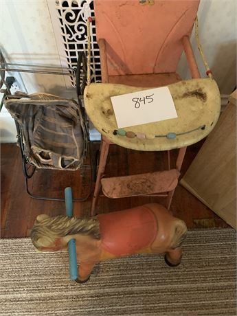 Vintage Baby Buggy High Chair and Toy Horse