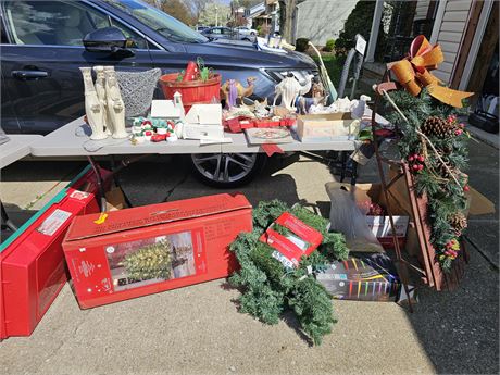 Christmas Lot:3ft Topiary Set/Nativity Items/Decorated Sled/Ceramics & More