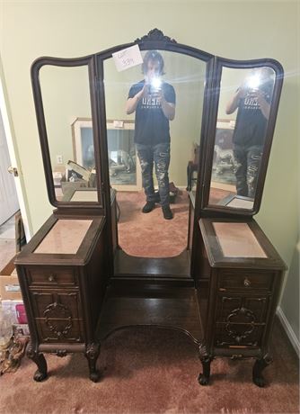 Antique Wood Vanity With Tri- Mirrors