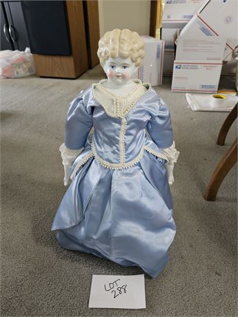 Porcelain Doll With Blue Satin Dress