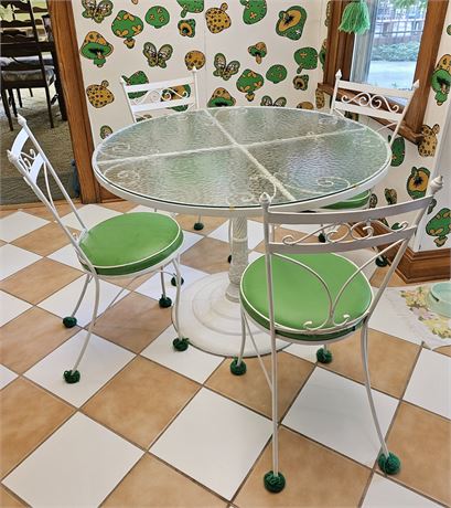 1960's MCM White Wrought Iron & Glass Top Pedestal Bistro Table w/6 Chairs