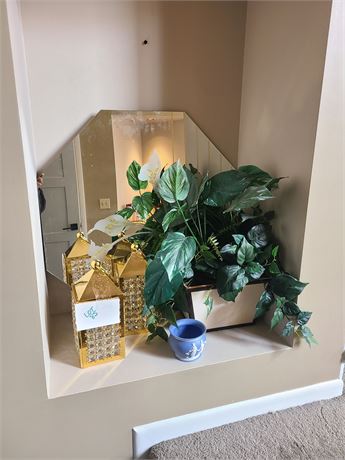 Mixed Home Decor:Faux Mixed Planter/Goldtone Candle Lanterns/Wedgewood & More