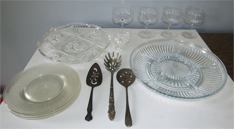 Crystal Platter, Glassware, Silverplate Utensils, Glass Plates