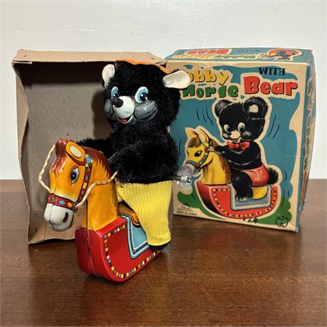 Vintage Hobby Horse w/ Bear Tin Litho Wind-Up Toy, Made in Japan