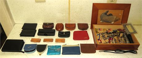 Mixed Lot: Change Purses, Wallets, Fish Box , etc