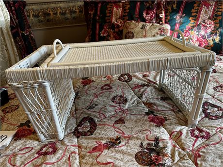 White Wicker and Wood Bed Top Table