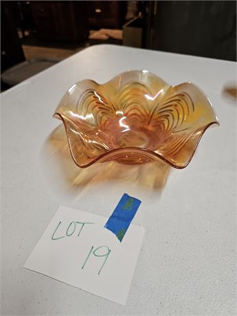Fenton Swirled Marigold Carnival Glass Ruffled Bowl