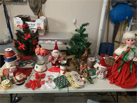 Christmas Decor Lot - Santas, Mini Tree, Tins, Potholders, Candles, Bows