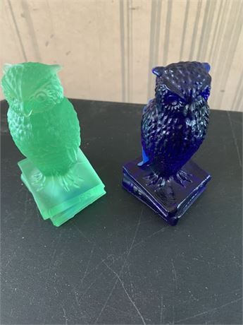 Set of 2 Uranium Seafoam Green & Cobalt Blue Degenhart Slag Glass Wise Old Owls