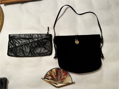 Vintage Suede Purse, Clutch and Hand Fan