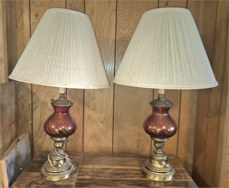 Vintage Pair of Cranberry Glass & Brass Lamps