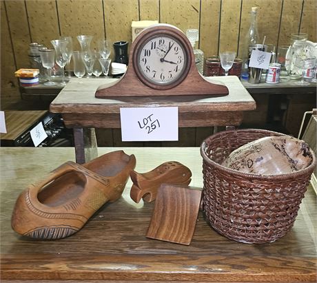 9.5" Wood Foot Stool, Gilbert Mantle Clock (No Key) Dutch Wood Shoe Planter