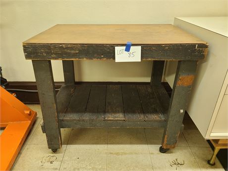 Vintage Industrial Style Wood Table on Wheels