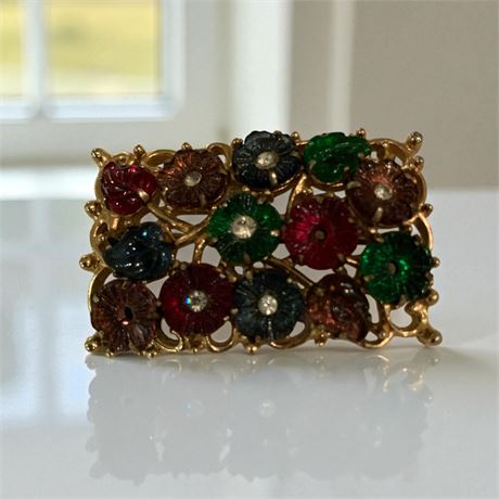 Barclay Multi-Colored Rhinestone Rectangular Floral Brooch