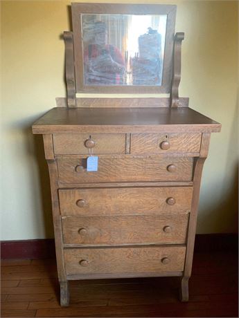 Antique Tiger Oak Highboy 6 Drawer Dresser W/Mirror