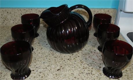 Ruby Red Tilted Ball Pitcher, 6 Glasses