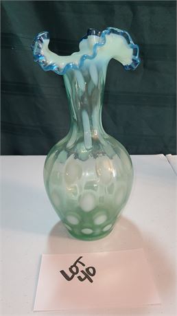 Fenton Sea Mist Green Opalescent Optic Coin Dot Blue Crest Vase