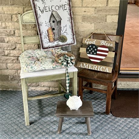 Distressed Wooden Accent Chair, Child Sized Chair and Cute Decor