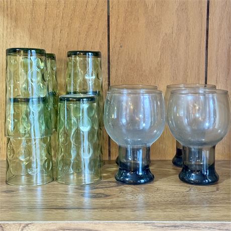 Mid Century Green Tumblers and Smoke Glass Barware