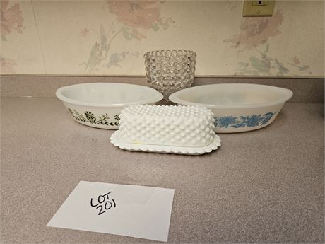 Mixed Kitchen:Glasbake Baking Dish/Glasbake Blue Floral/White Hobnail & More