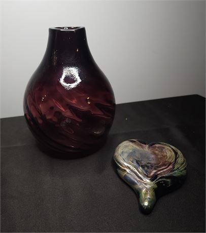 Beautiful Purple Handblown Vase & Handblown Heart Paperweight