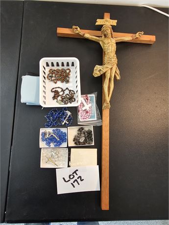 Vintage Rosary Lot & Wood Jesus on Cross