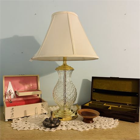 Contents On Top Dresser - Lamp, Dresser Box, Ring Holders...