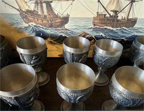 German Pewter Chalice/Goblet W/Bas-Relief Design Of Nautical Tall/Pirate Ships