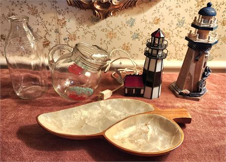 Mixed Lot: Lawson's Milk Bottle, Lighthouse Decor, Etc