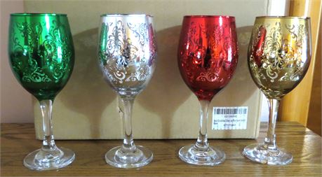 Etched Glass Colored Christmas Wine Glasses