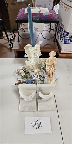 Mixed Decor Marble Holy Water Bookends, Party Lite Angel Taper Candle Holder, Fa
