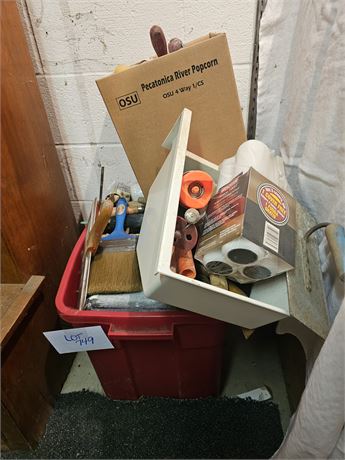 Large Tote of Mixed Painting Supplies:Brushes/Rollers/Scrapers & More