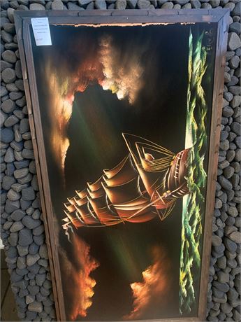 Vintage Black Velvet Nautical Ship Wall Art