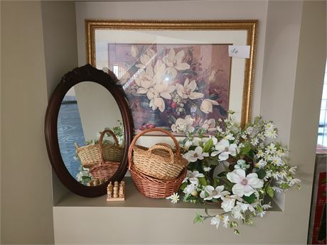 Home Decor Lot:Faux Spring Wreaths/Wicker Baskets/Floral Print/Oval Hall Mirror