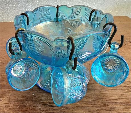 Mosser Ice Blue Carnival Glass Kids Punch Bowl