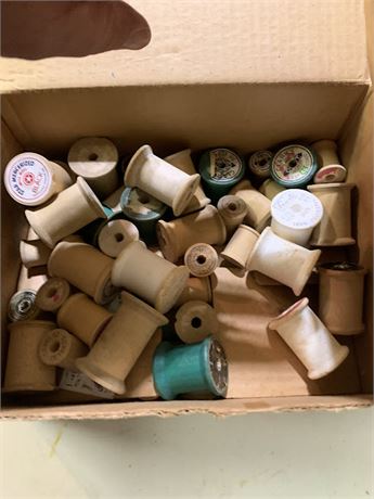 Box Of Wood Thread Spools