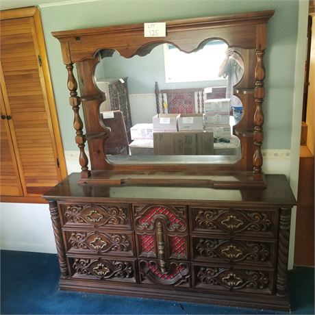 Wood Red Velvet Classic 70's Style Dresser W/Mirror