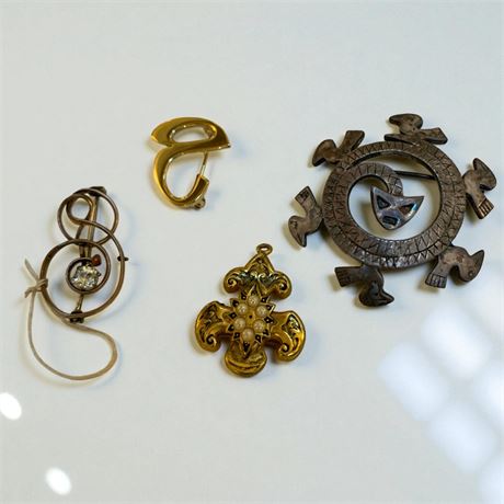 Coro Aztec/Mayan Brooch W/Coiled Serpent & Birds, Music Note Pin