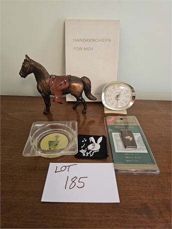 Misc Men's Lot- Handkerchiefs, Money Clip, Clock, Horse Figurine