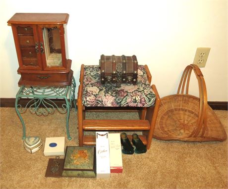 Avon Bottles, Jewelry Boxes, Plant Stand, Stool, etc.